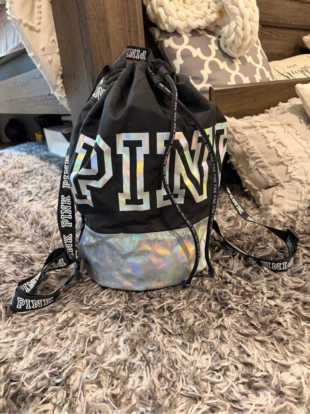 PINK Victoria's Secret Black Backpack with Holographic Bottom Y2K Vintage